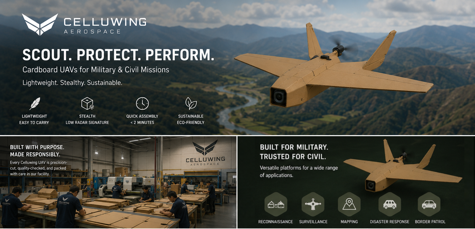 Celluwing cardboard plane platform overview — military and civil